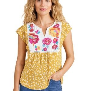 Savanna Jane Yellow Animal Print Floral Embroidered Boho Blouse Small Resortwear